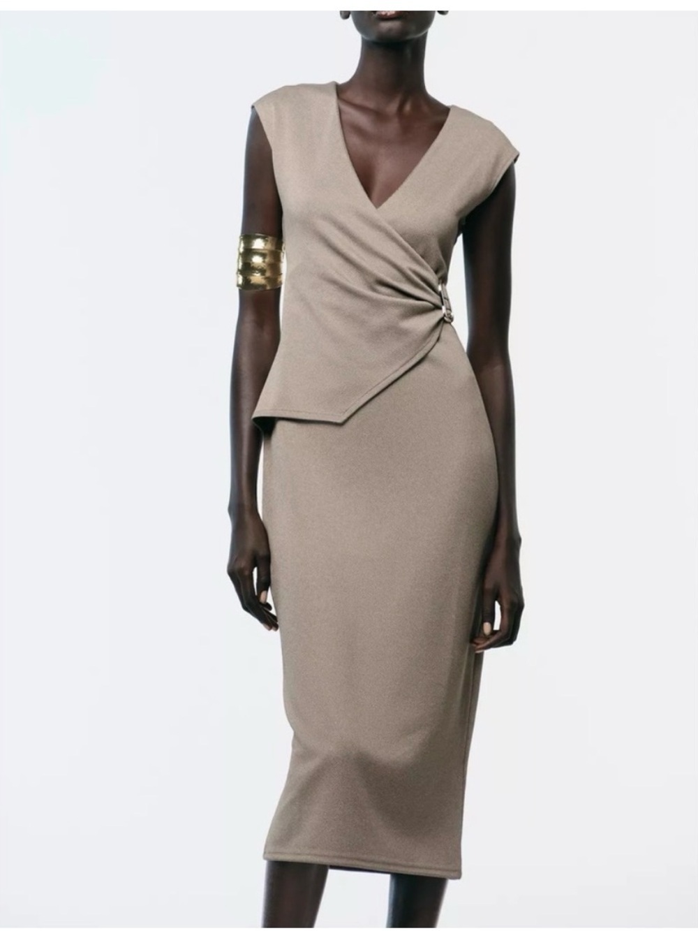 Zara chic beige tan wrap gold appliqué v-neck midi dress size S